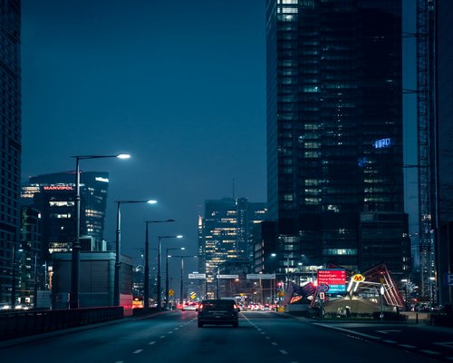 Blurry view of busy evening city traffic in Poland